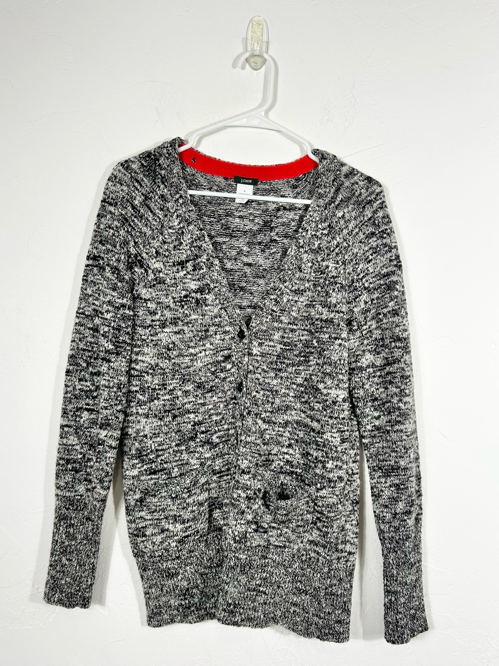 J.Crew Black White Marled Knit V-Neck Cardigan Sweater Red Trim Pop Wool